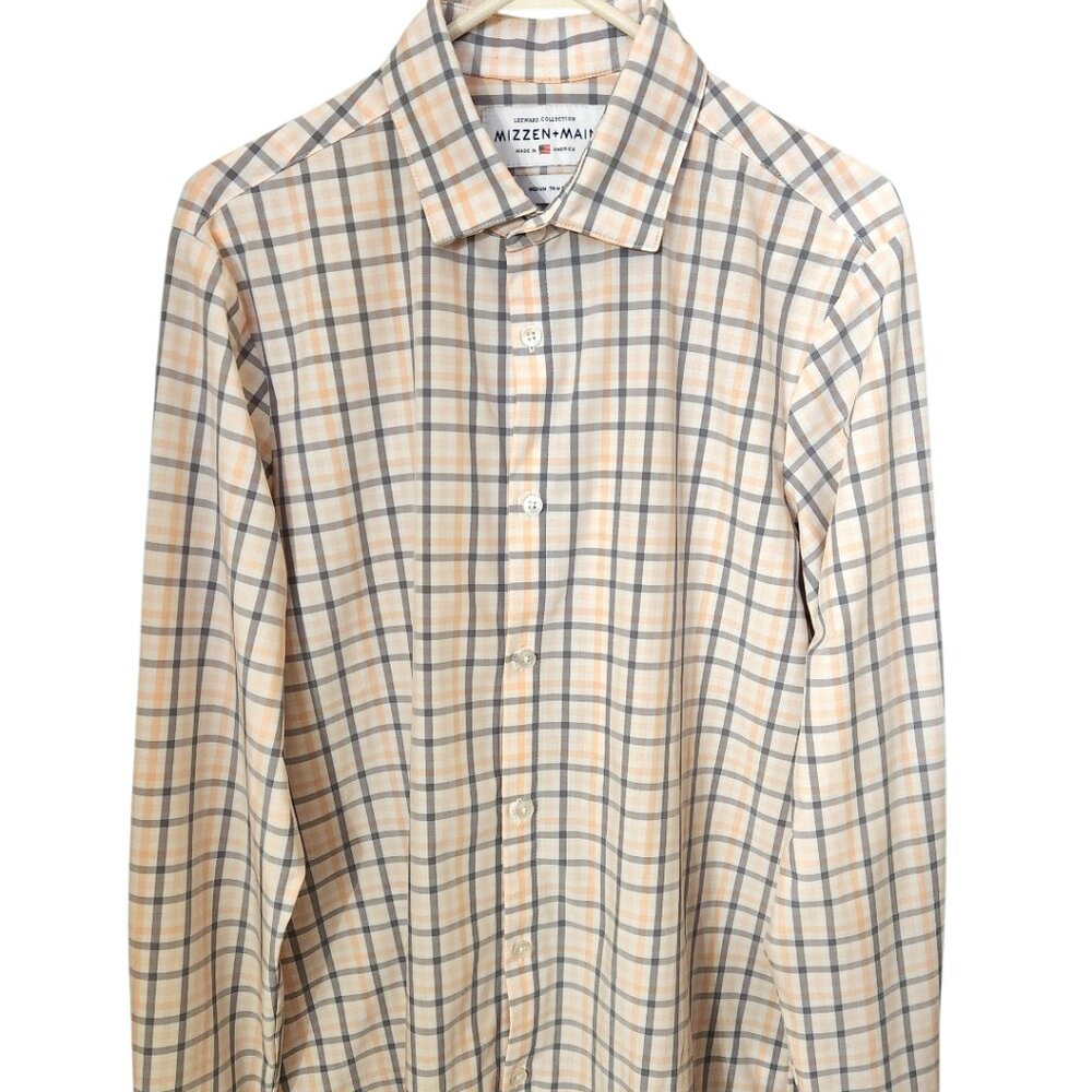 Mizzen Main Leeward Shirt Mens Medium Trim Fit White Pink Gray Plaid Made in USA
